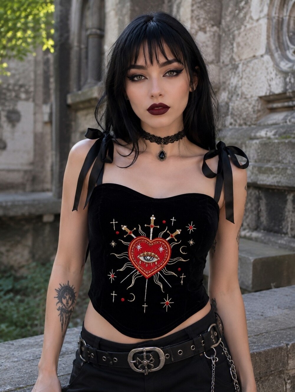 NEW Black Velvet Top with Eye and Heart Embroidery